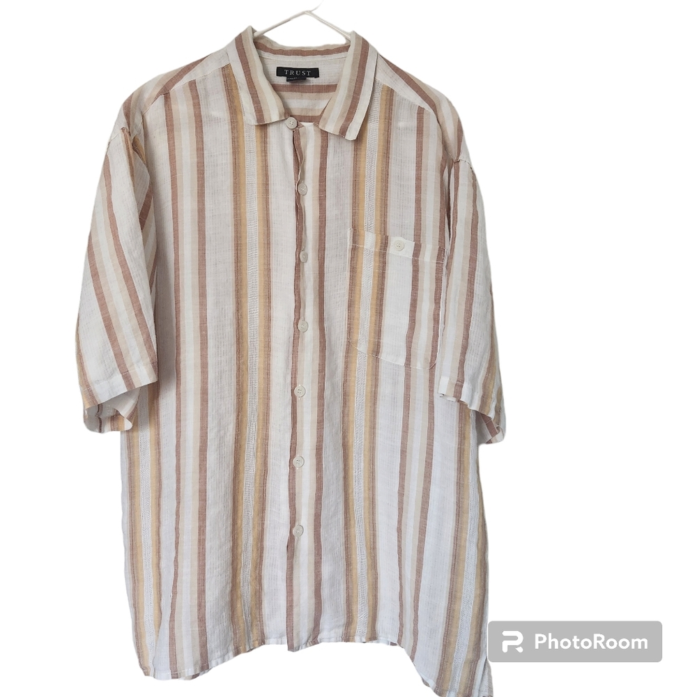 Trust 100% Linen Short Sleeve Button-Up Pocketed Striped Relaxed Men's Shirt XL